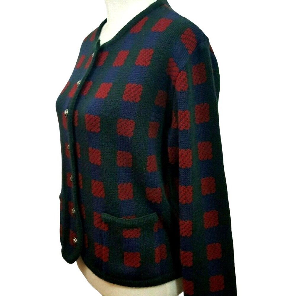 Vintage Cardigan Sweater Womens M  Plaid Patchwork Button Green Red Blue Pockets